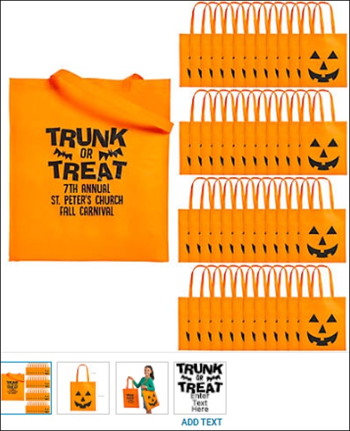 15 1/2" x 15 1/2" Bulk 48 Pc. Personalized Large Nonwoven Trunk-or-Treat Tote Bags