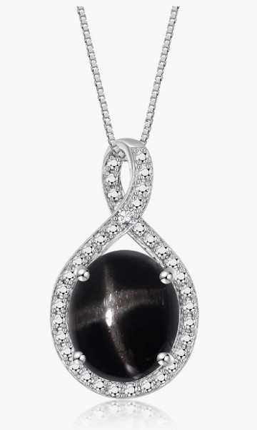 Birthstone Necklace March Black Star Sapphire 14K White Gold Pendant Gemstone Necklace for Women