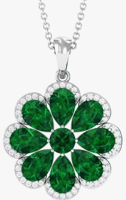 Birthstone Necklace May Created Emerald Floral 14K White Gold Pendant Gemstone Necklace for Women